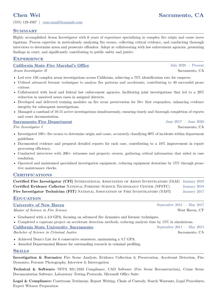 Arson Investigator Resume Example CV template preview