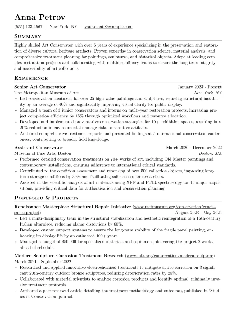Art Conservator Resume Example preview