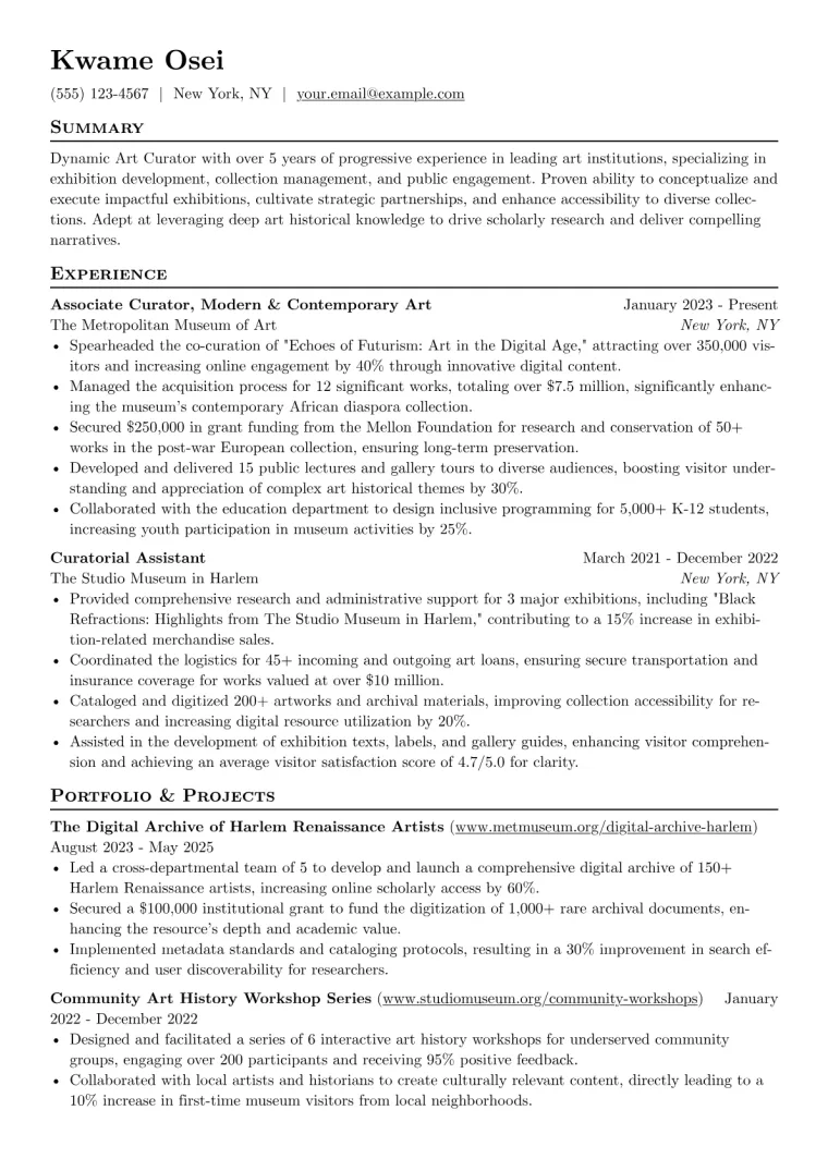 Art Curator Resume Example CV template preview