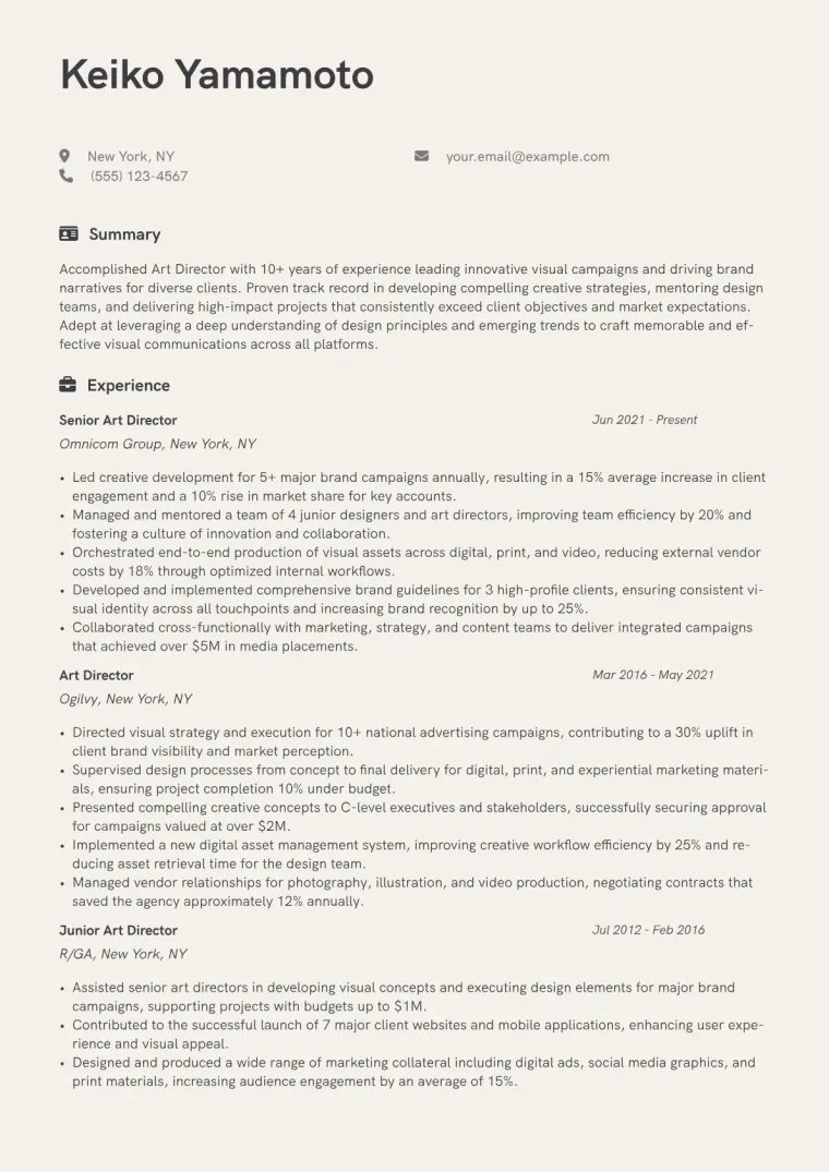 Art Director Resume Example CV template preview