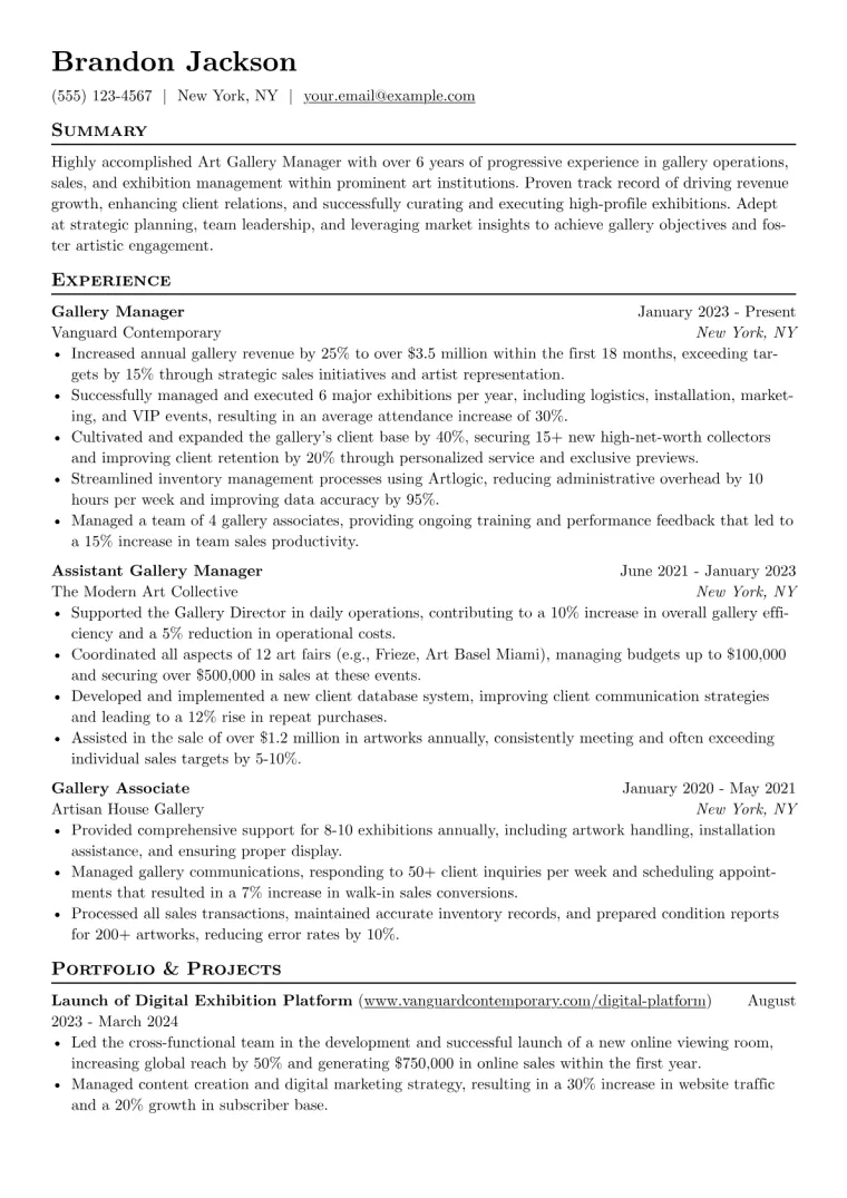 Art Gallery Manager Resume Example CV template preview