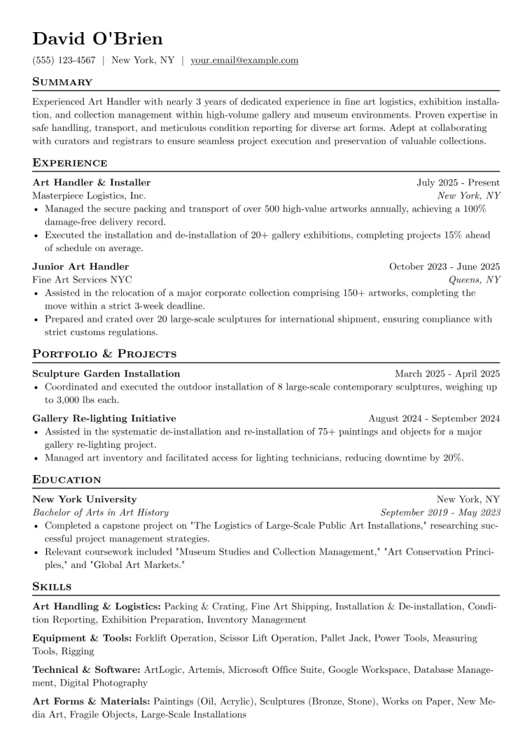 Art Handler Resume Example preview