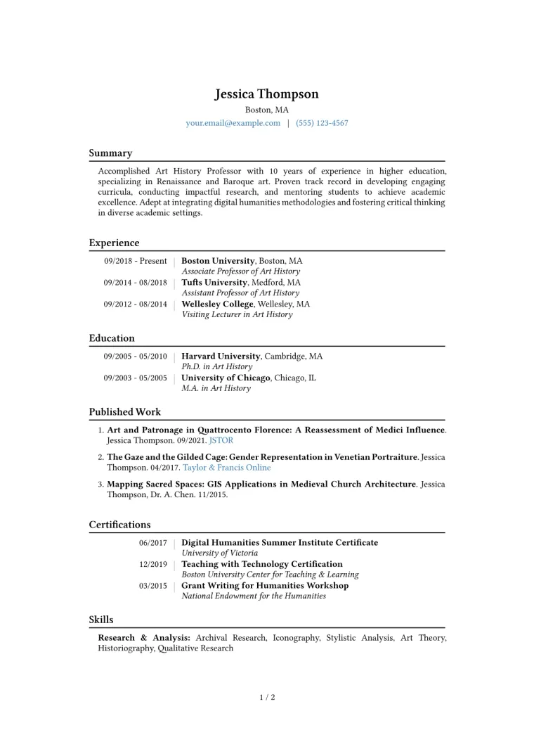 Art History Professor Resume Example CV template preview
