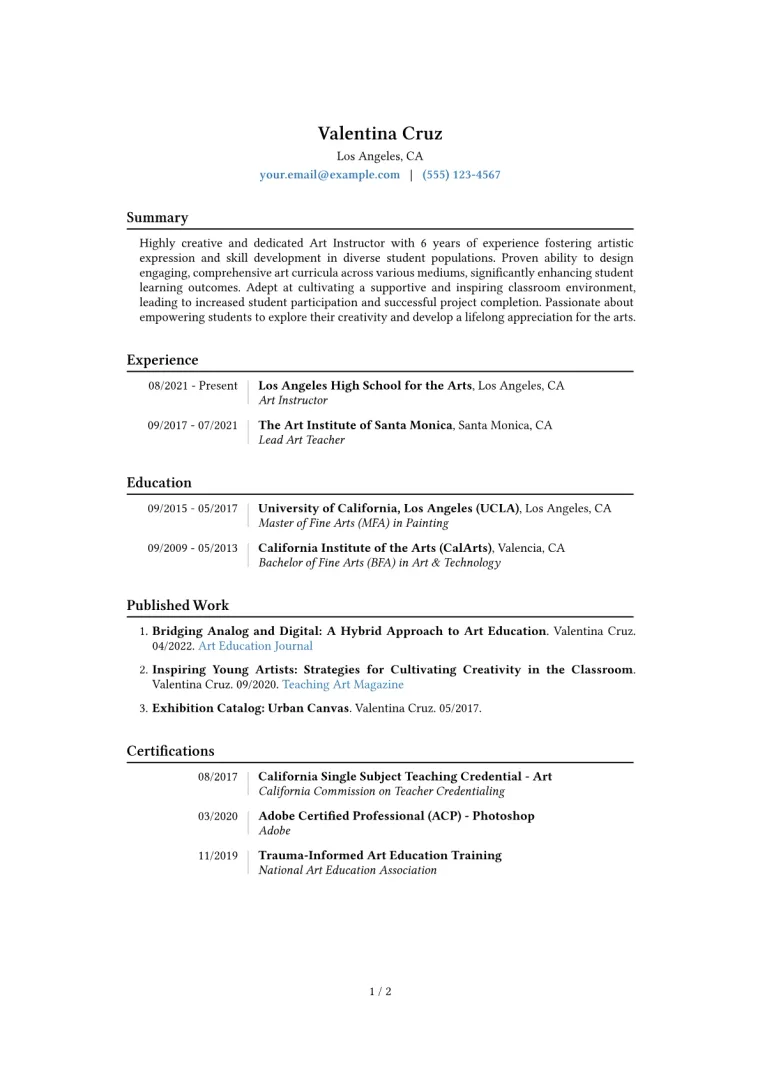Art Instructor Resume Example CV template preview