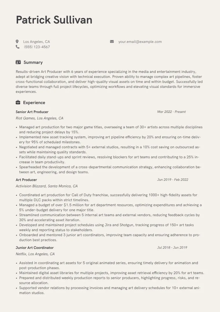 Art Producer Resume Example CV template preview