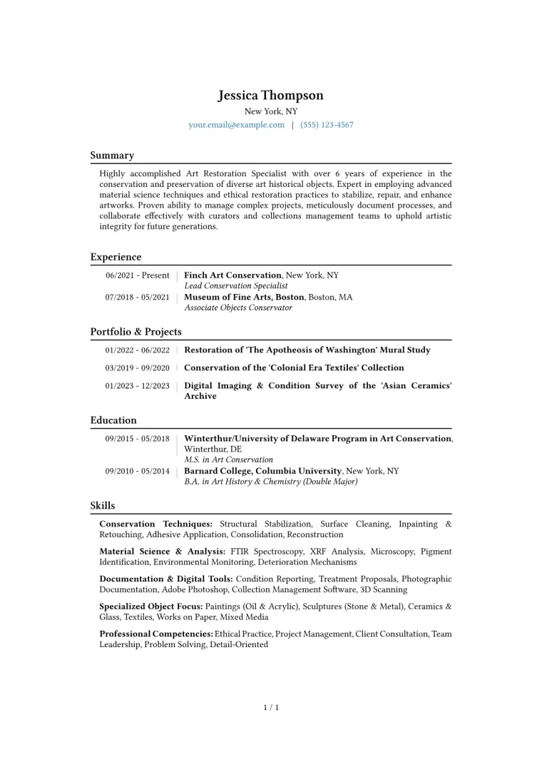 Art Restoration Specialist Resume Example CV template preview