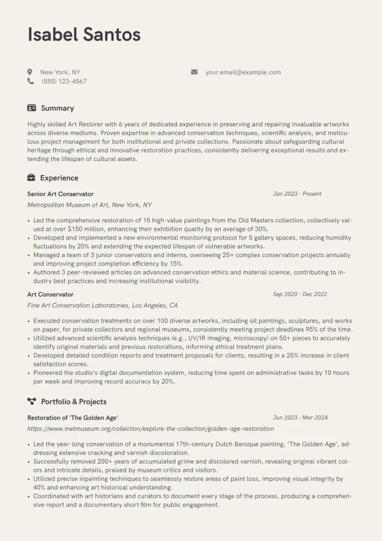Art Restorer Resume Example CV template preview