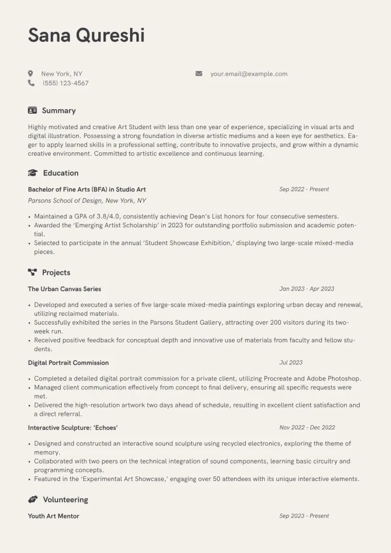 Art Student Resume Example CV template preview