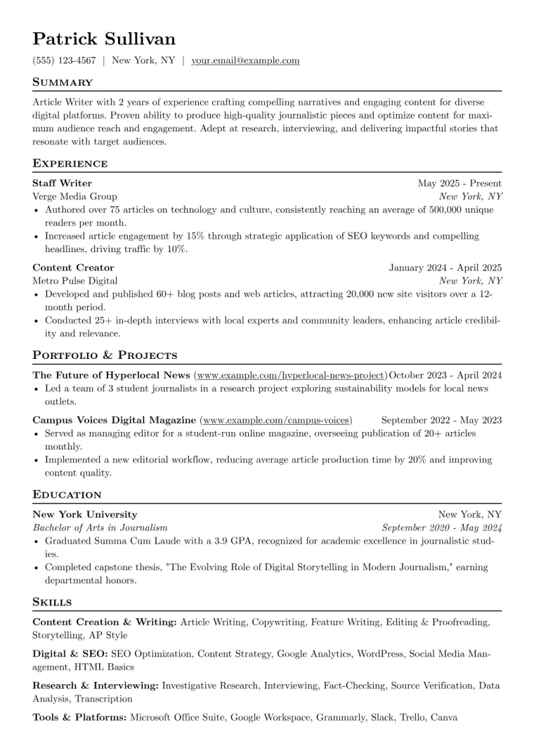 Article Writer Resume Example preview