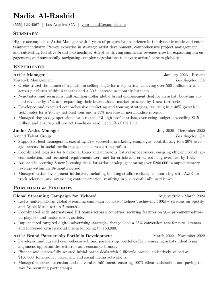 Artist Manager Resume Example CV template preview