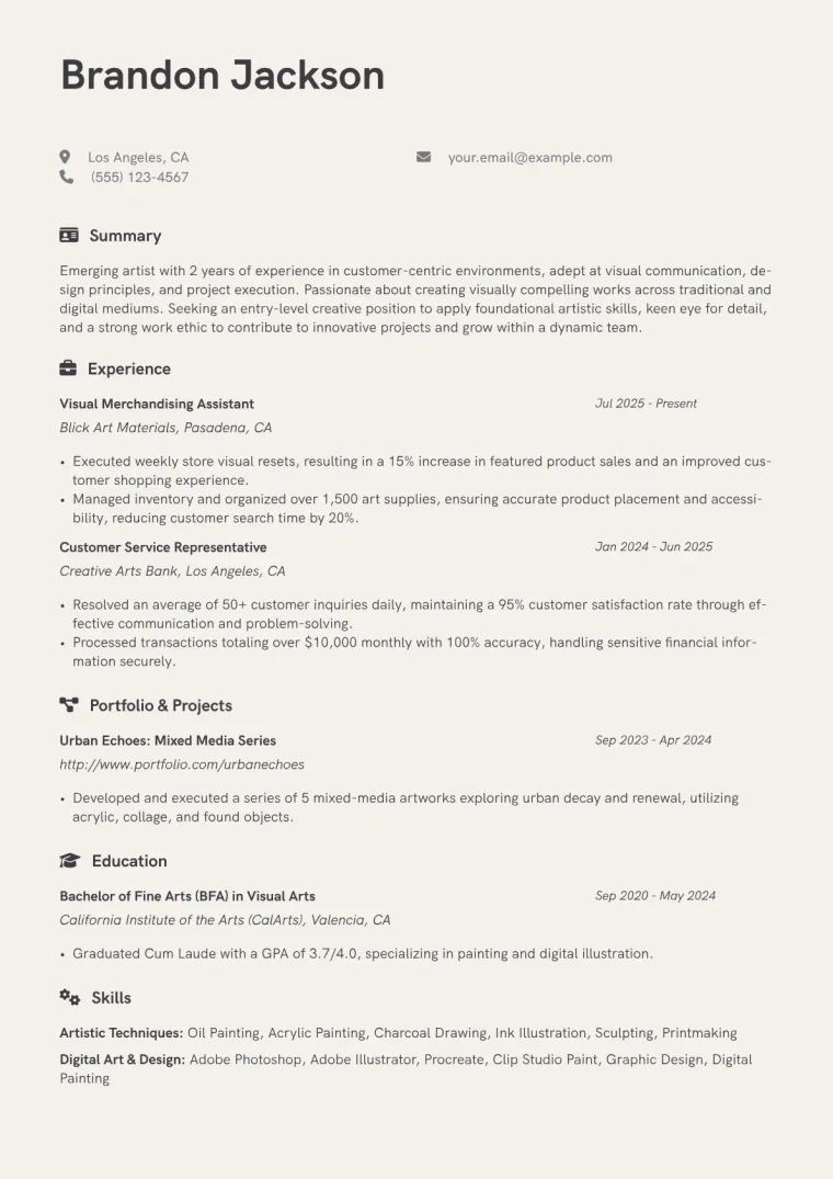 Artist No Experience Resume Example preview