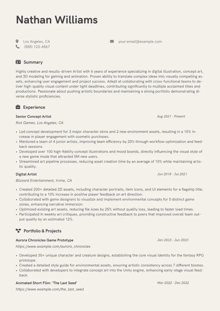 Artist Resume Example CV template preview