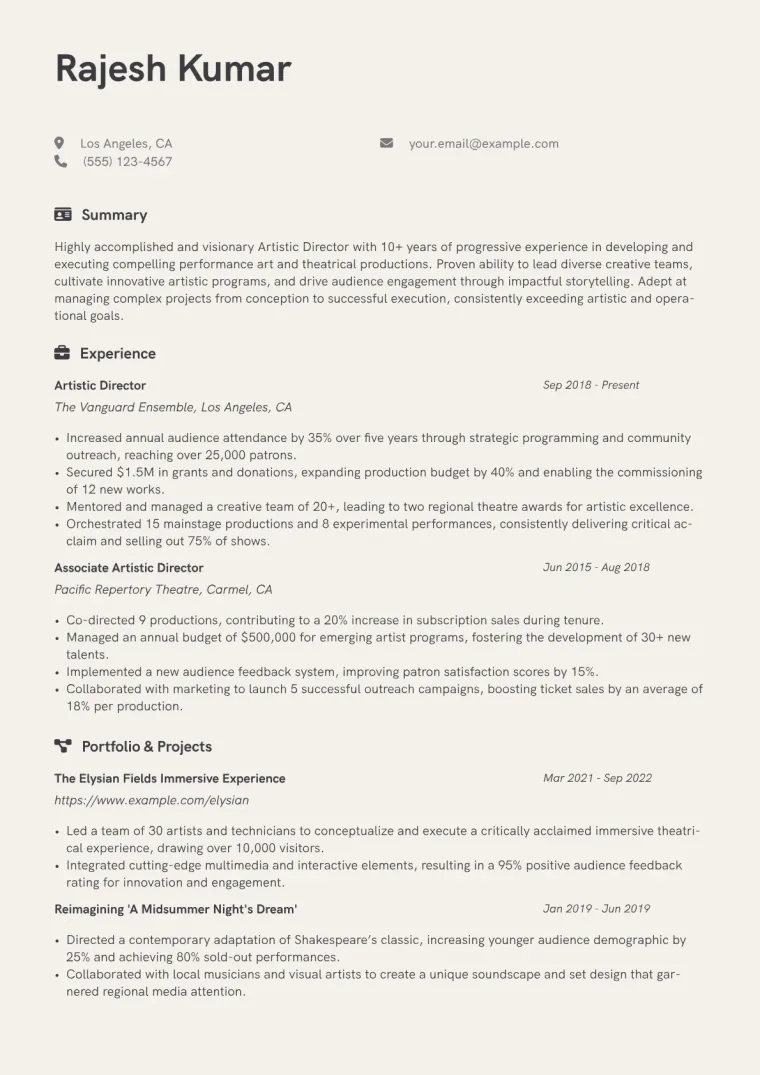 Artistic Director Resume Example CV template preview