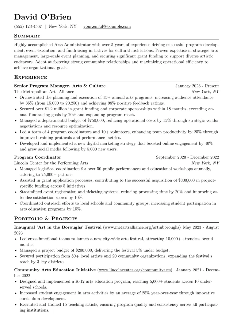 Arts Administrator Resume Example CV template preview