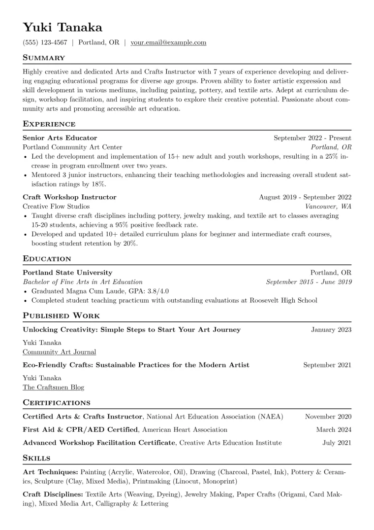 Arts and Crafts Instructor Resume Example preview