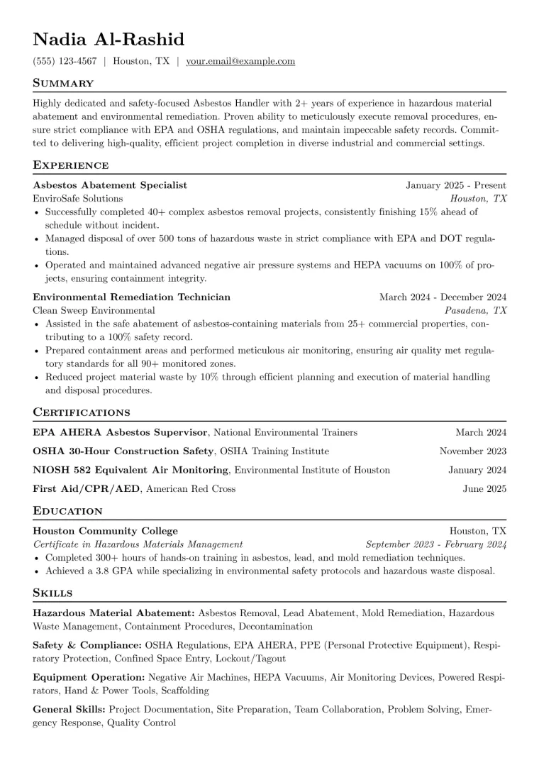 Asbestos Handler Resume Example preview