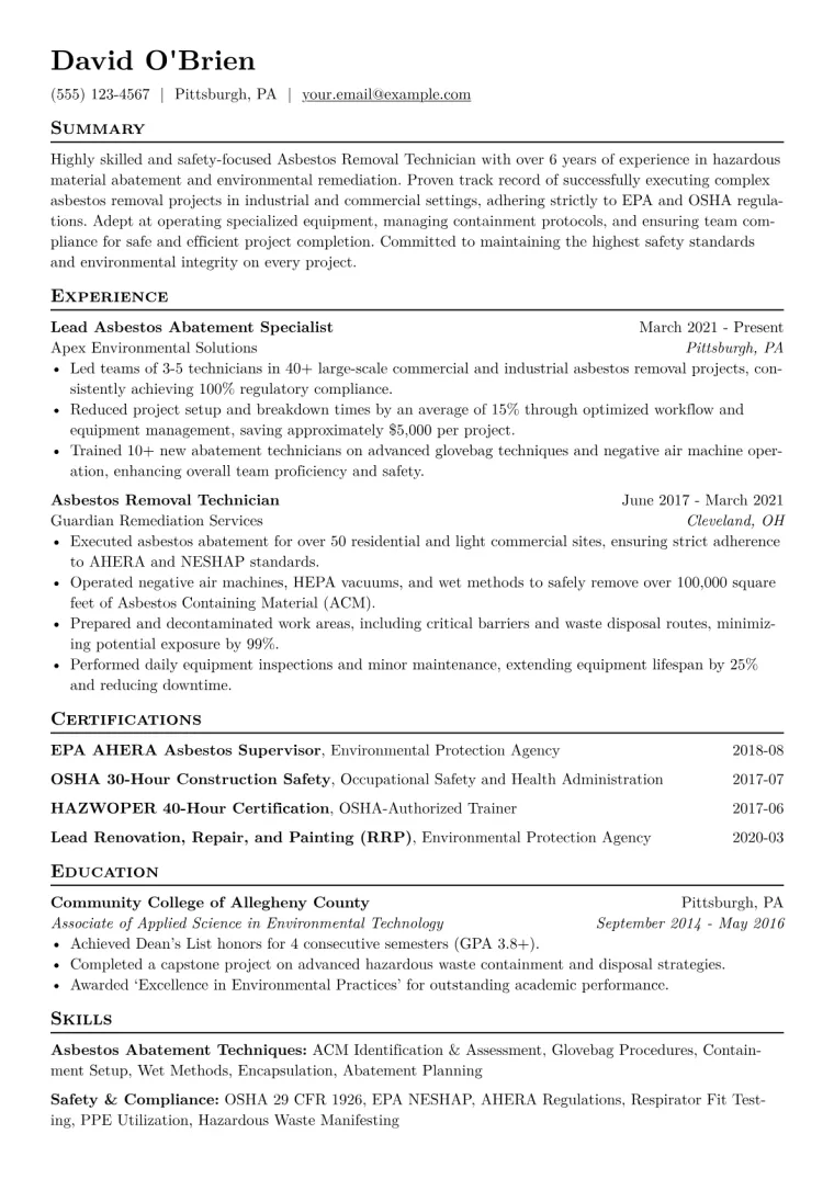 Asbestos Removal Technician Resume Example CV template preview