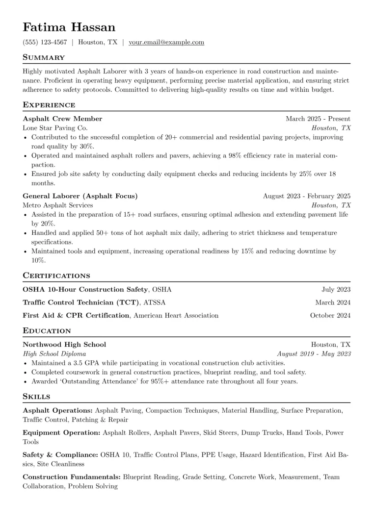 Asphalt Laborer Resume Example preview