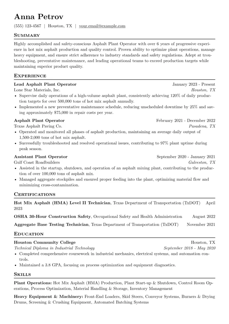 Asphalt Plant Operator Resume Example preview