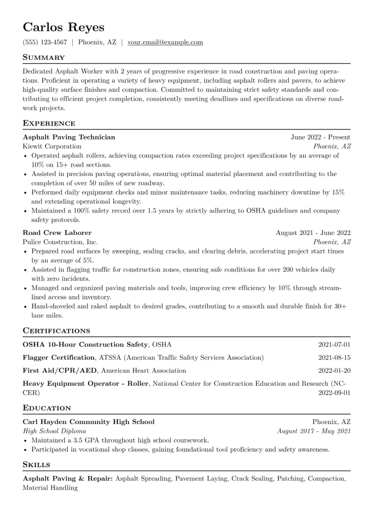 Asphalt Worker Resume Example CV template preview