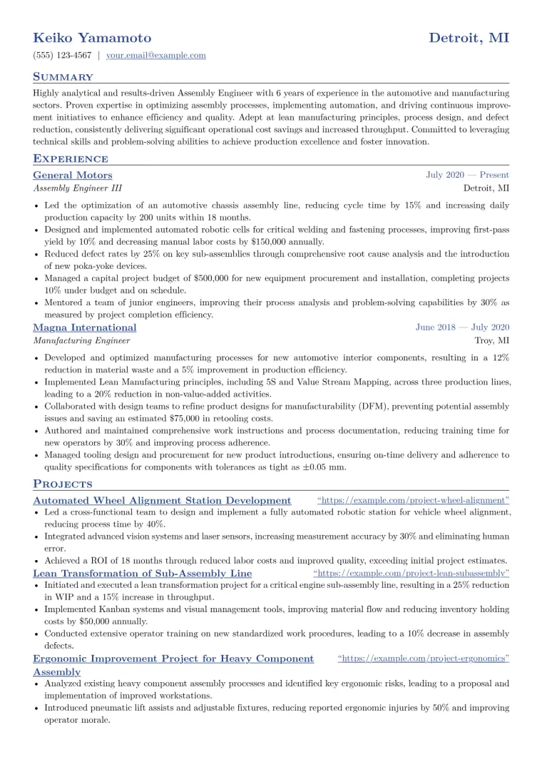 Assembly Engineer Resume Example CV template preview