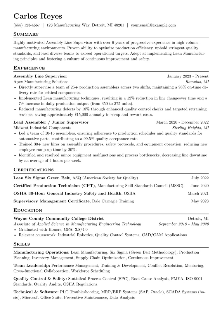Assembly Line Supervisor Resume Example preview