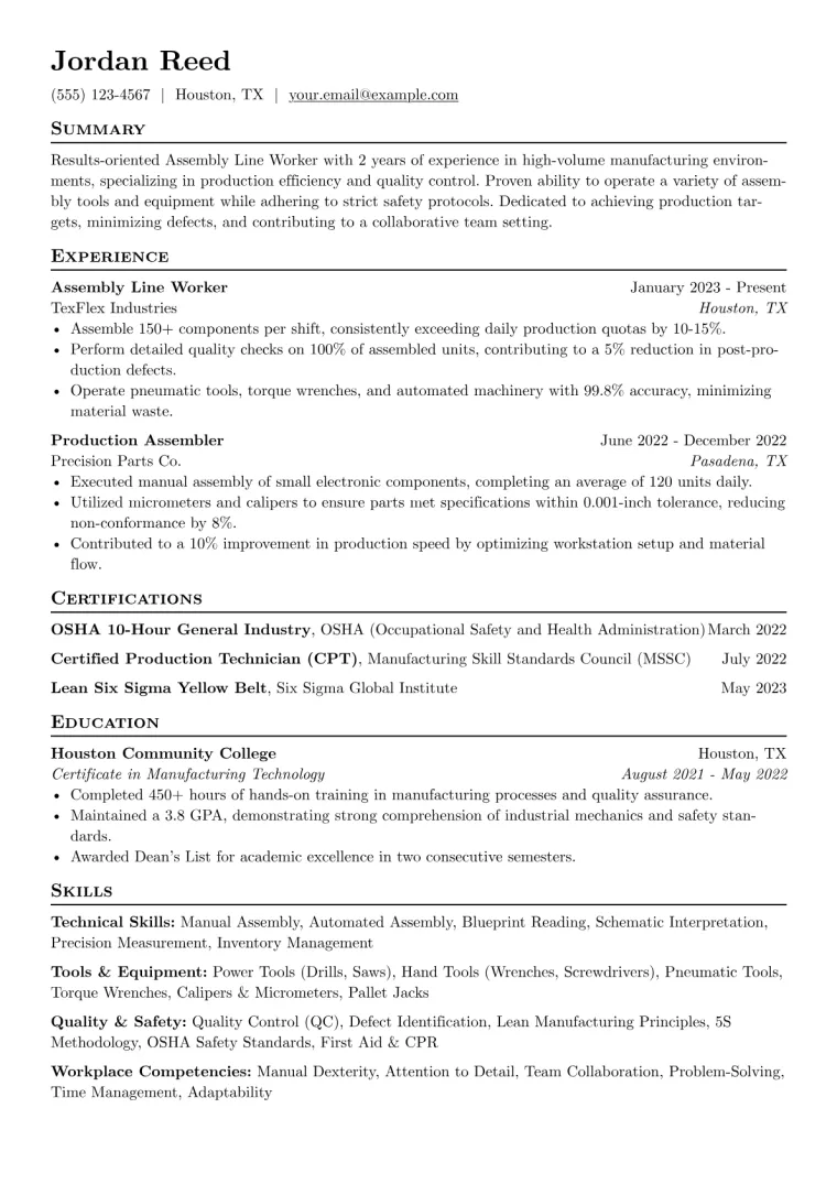 Assembly Line Worker Resume Example CV template preview
