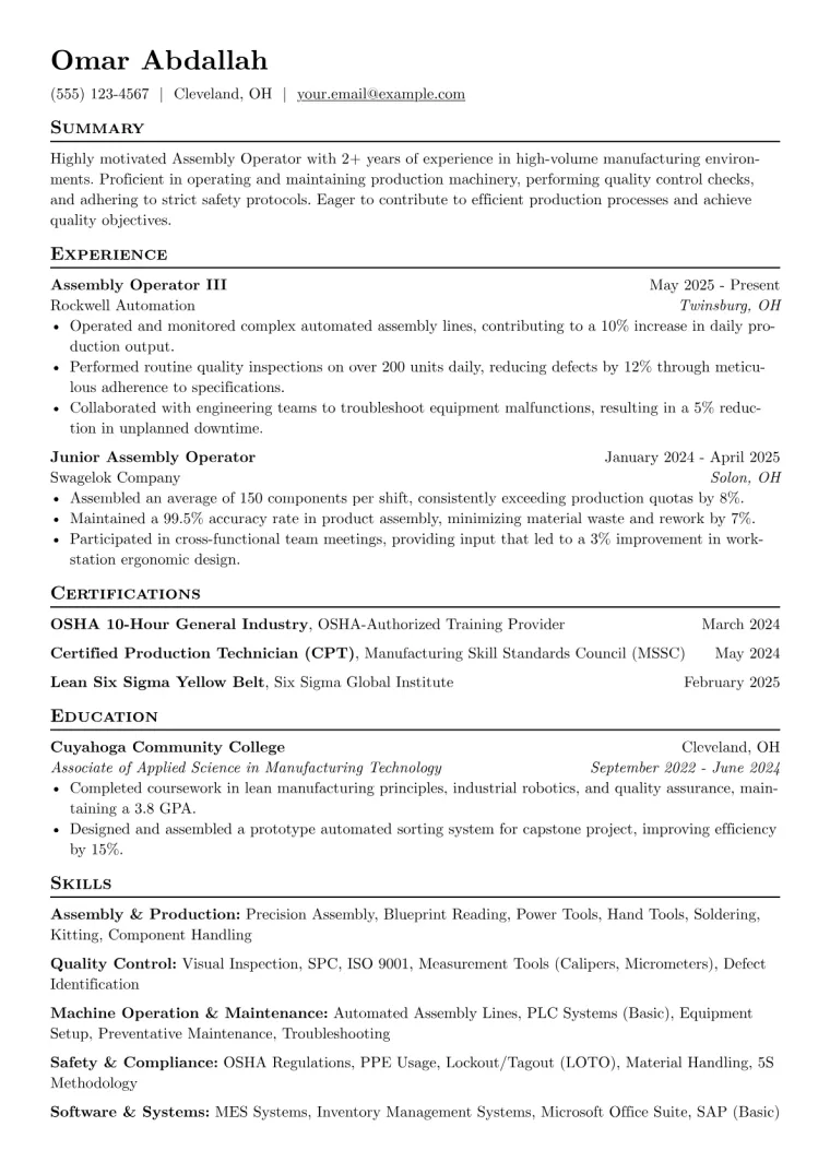 Assembly Operator Resume Example CV template preview