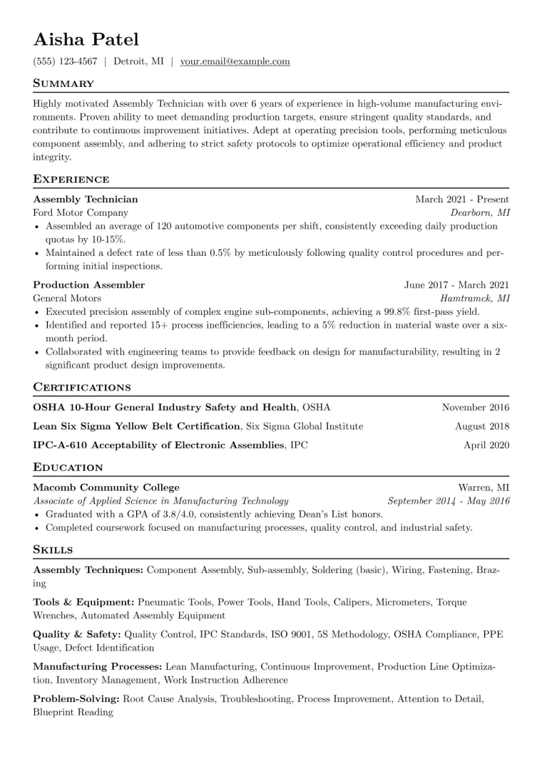 Assembly Resume Example CV template preview