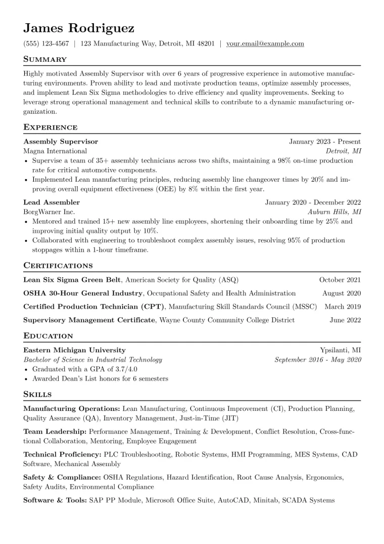 Assembly Supervisor Resume Example preview