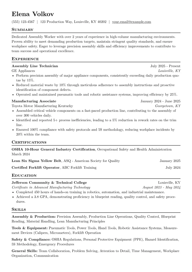 Assembly Worker Resume Example preview