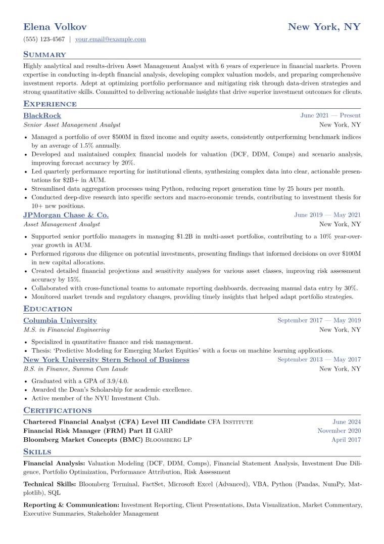Asset Management Analyst Resume Example CV template preview