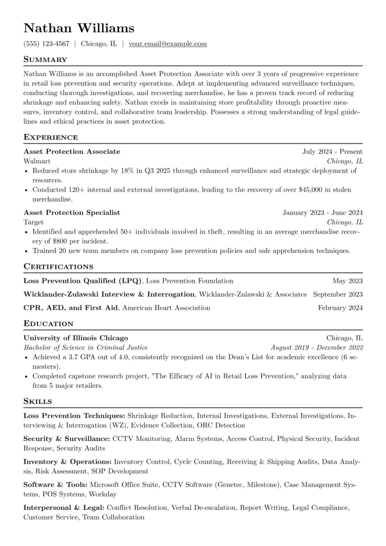 Asset Protection Associate Resume Example preview