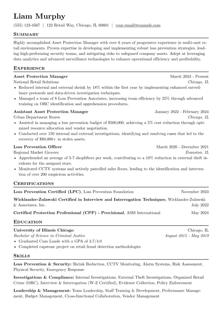 Asset Protection Manager Resume Example preview