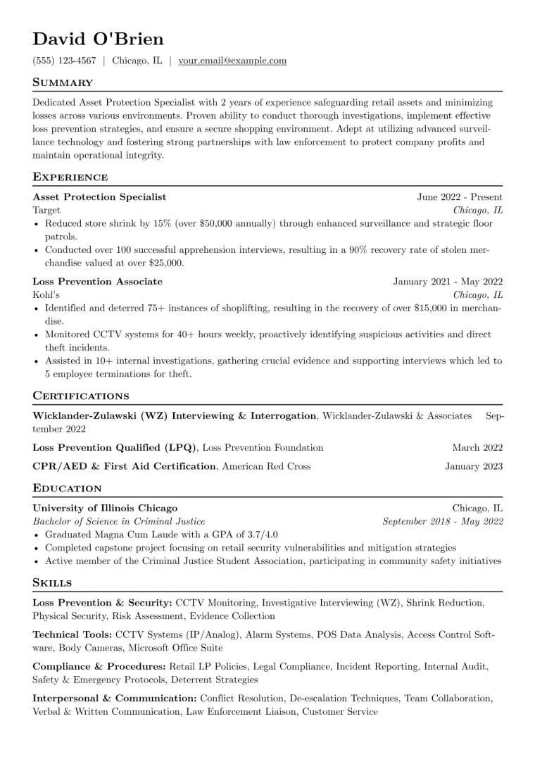 Asset Protection Specialist Resume Example CV template preview