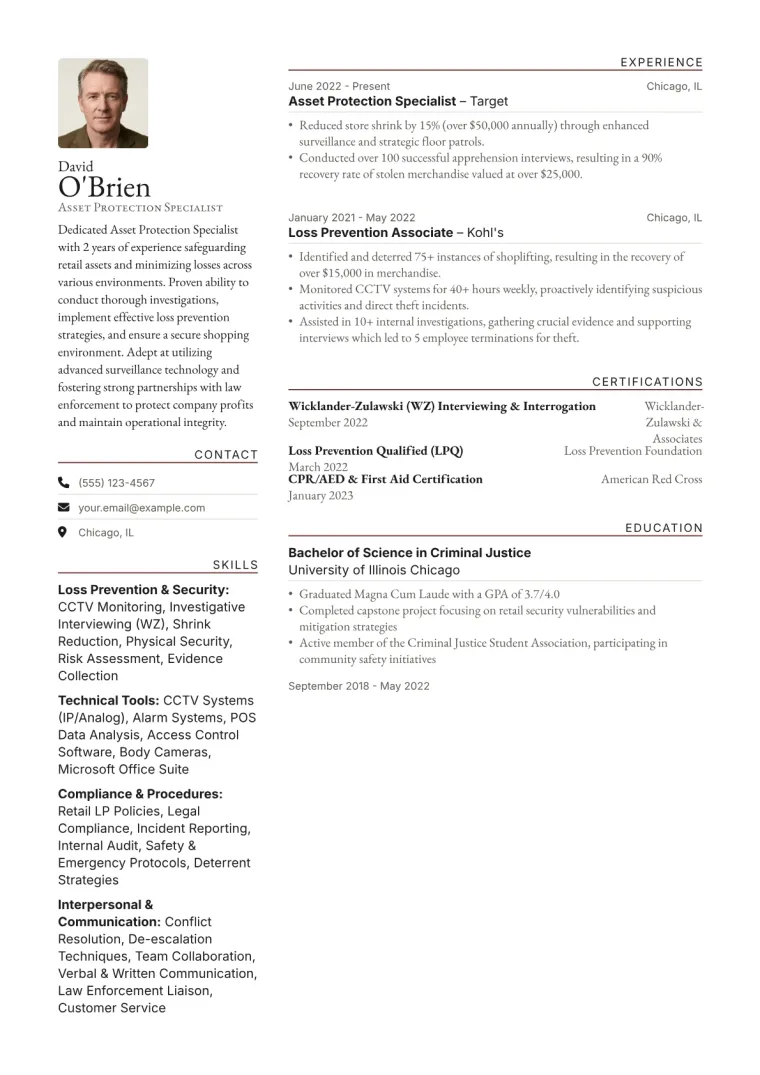 Asset Protection Specialist Resume Example CV template preview