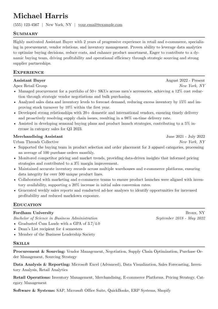 Assistant Buyer Resume Example CV template preview