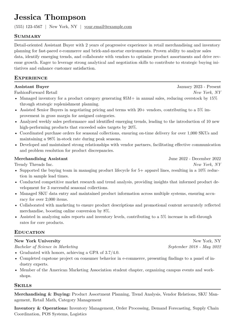 Assistant Buyer Retail Resume Example CV template preview