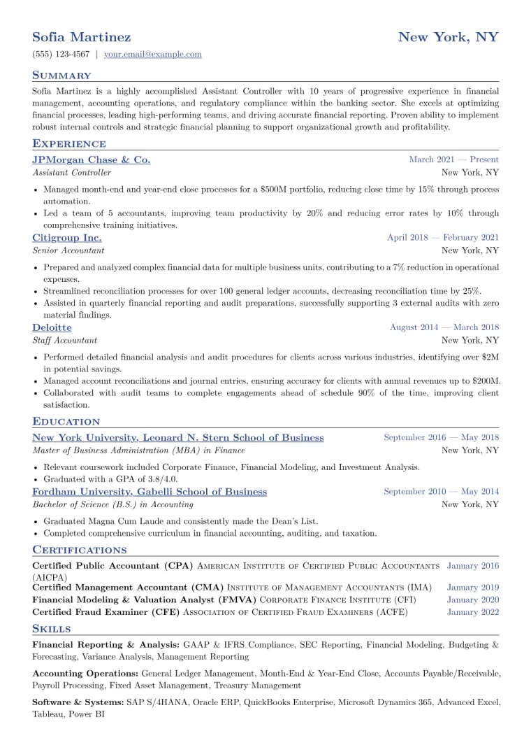 Assistant Controller Resume Example CV template preview