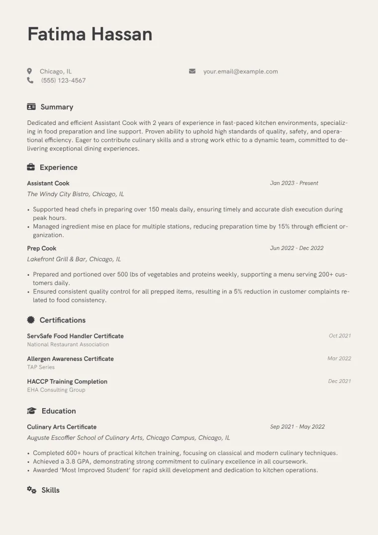 Assistant Cook Resume Example CV template preview