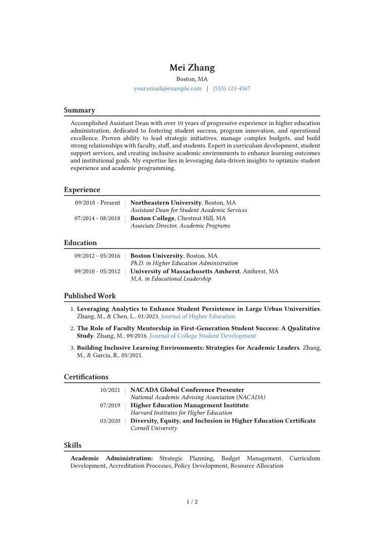 Assistant Dean Resume Example CV template preview