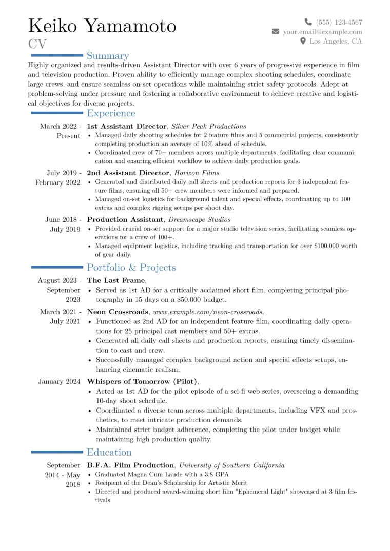 Assistant Director Film Resume Example CV template preview