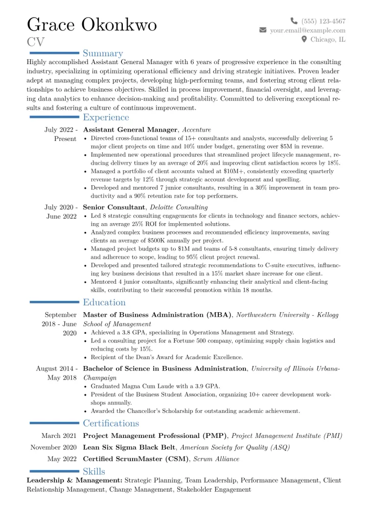 Assistant General Manager Resume Example