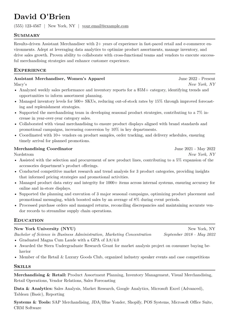 Assistant Merchandiser Resume Example