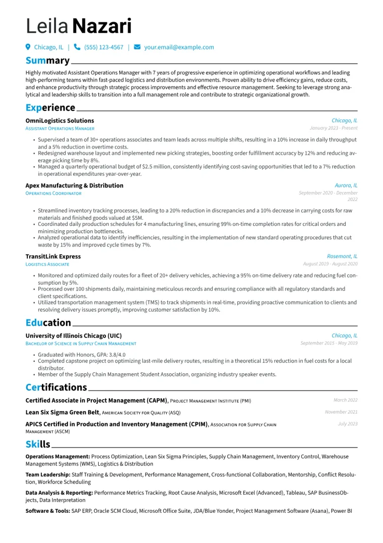 Assistant Operations Manager Resume Example preview