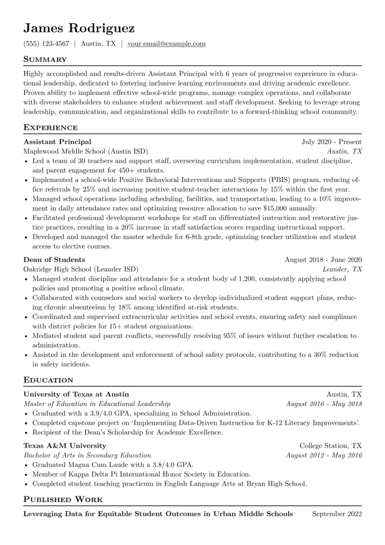 Assistant Principal Resume Example CV template preview