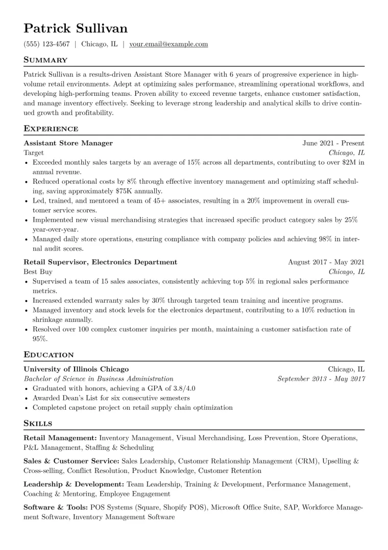 Assistant Store Manager Resume Example CV template preview