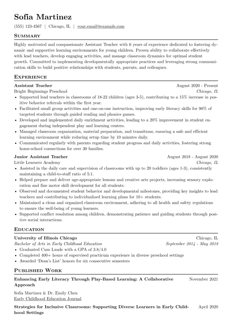 Assistant Teacher Resume Example CV template preview