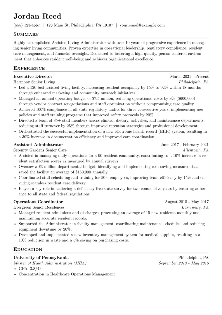 Assisted Living Administrator Resume Example preview