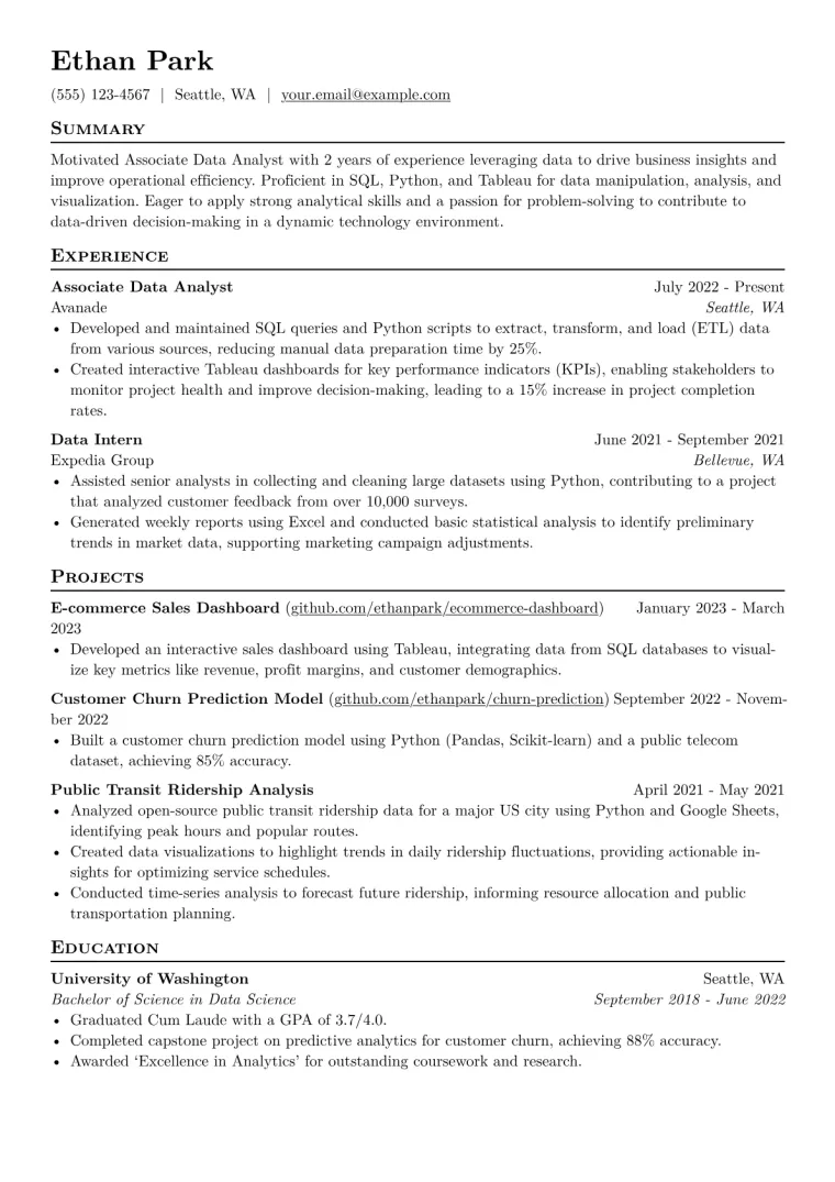 Associate Data Analyst Resume Example CV template preview